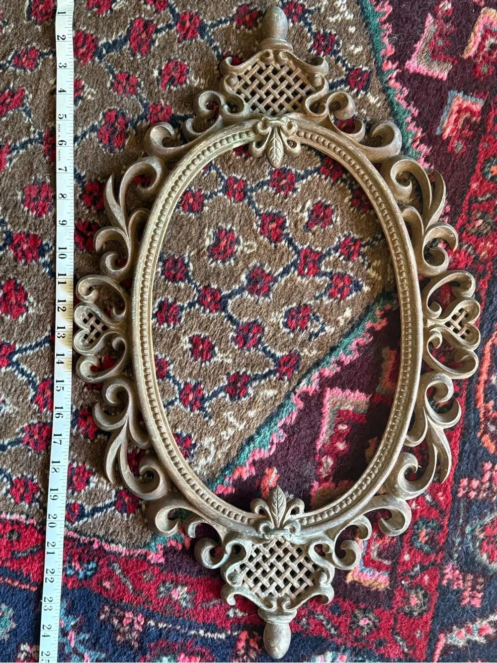 Vintage Ornate 1970s Oval Decorative Wall Frame in Antique Finish Molded Plastic